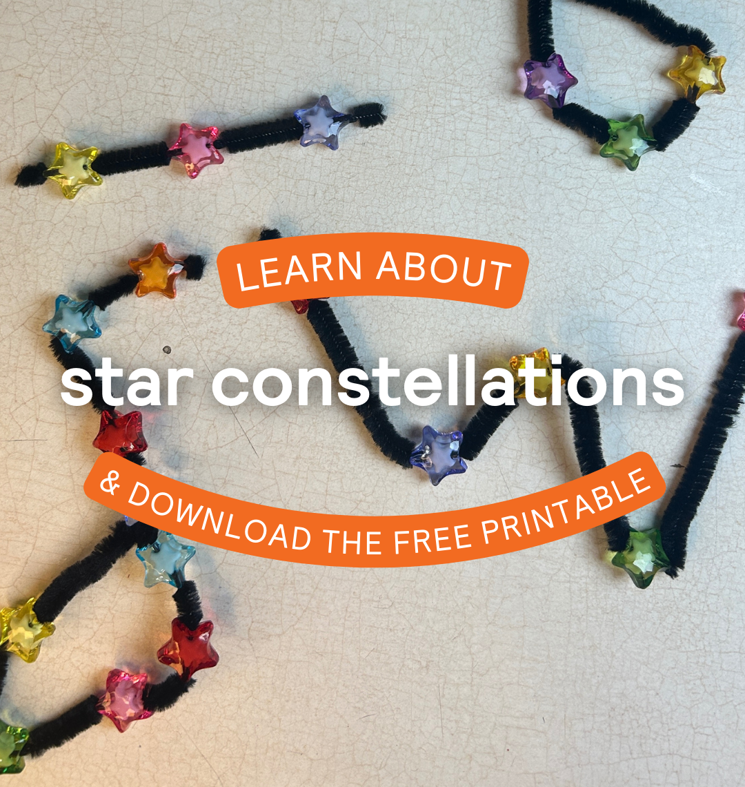 Teach kids about star constellations with this easy DIY craft using pipe cleaners and beads. Explore Orion’s Belt, Cassiopeia, and the Big Dipper, and download the free constellation card PDF to guide each activity.